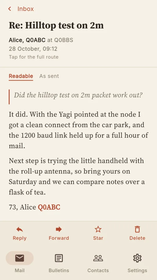 A reply from Alice open in the readable view, with the quoted question in italics and Reply, Forward, Star and Delete below.