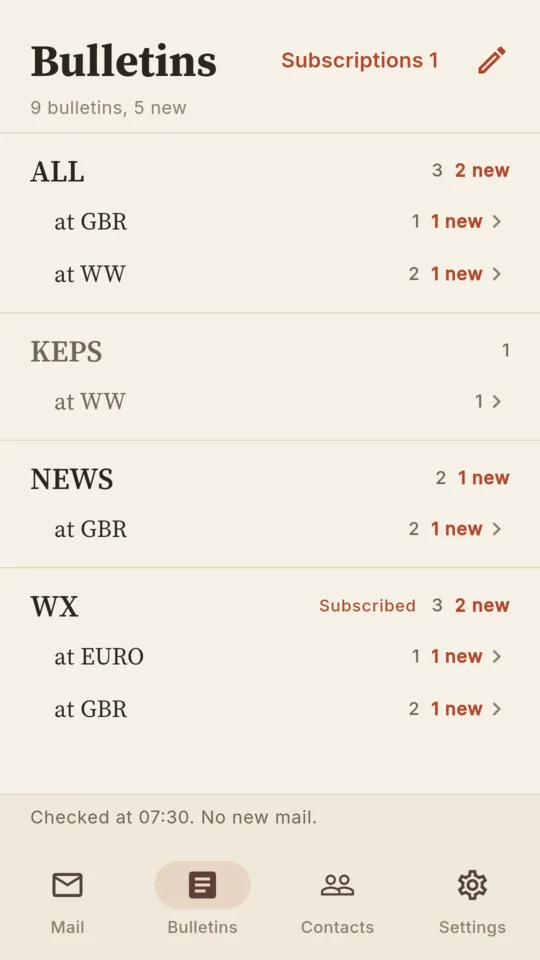 The bulletins browser: ALL, KEPS, NEWS and WX, each split by area, with counts of new bulletins and one subscription.