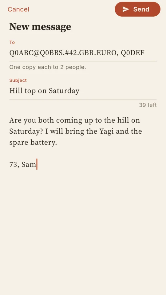 Writing a new message to two stations at once, one copy each, with a full hierarchical address in the To line.